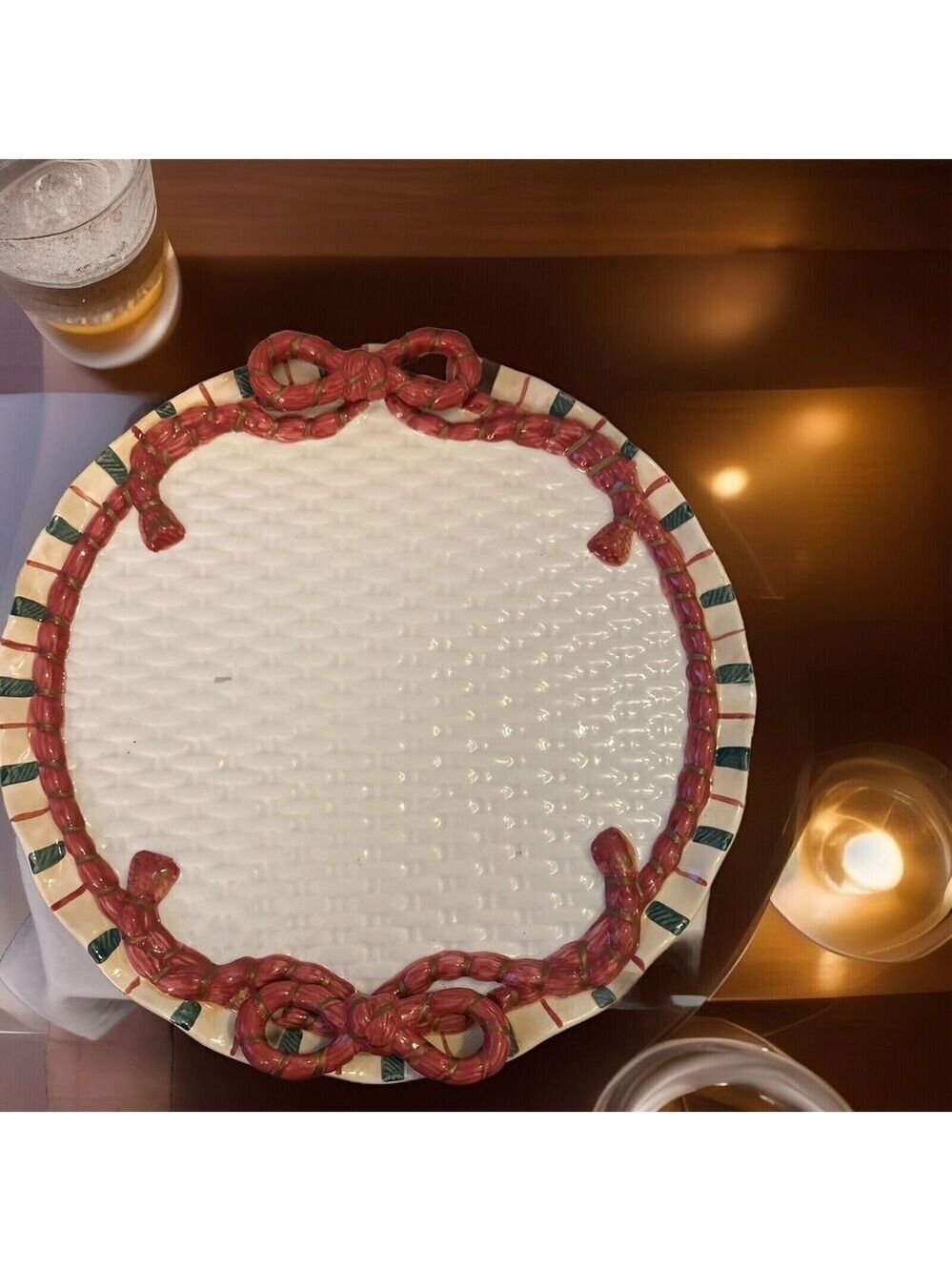 1996 Christmas Rope Ribbon Basket Weave Vintage Ceramic Porcelain Cake Plate